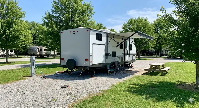 Travel trailer with awning extended at a shaded RV campground near Franklin, Tennessee
