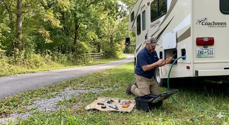 Mobile RV technician performing roadside electrical diagnostics on a Coachmen Freelander motorhome near Franklin, TN