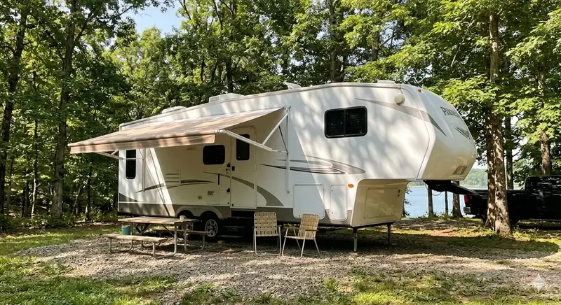 Fifth wheel trailer with awning extended at a shaded lakeside campsite near Old Hickory Lake in Gallatin, Tennessee