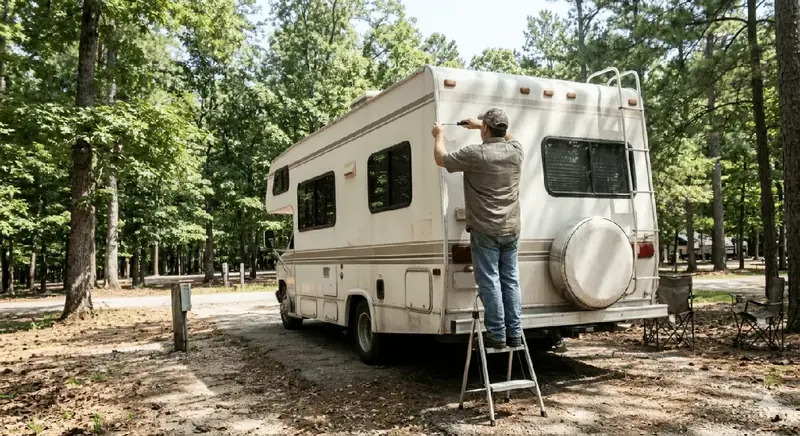 Mobile RV technician on a step ladder performing exterior roof and seal repair on a Class C motorhome at a wooded campground in Gallatin, TN