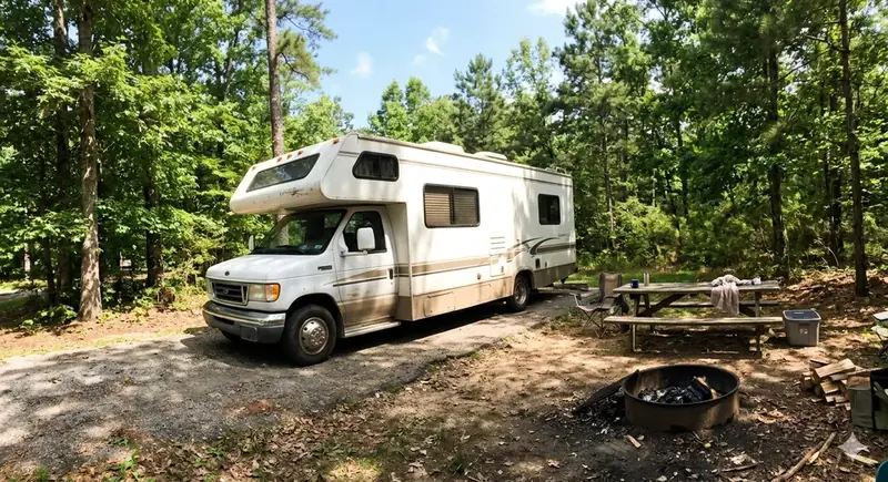 Class C motorhome parked at a shaded campsite with fire pit near Old Hickory Lake in Hendersonville, TN