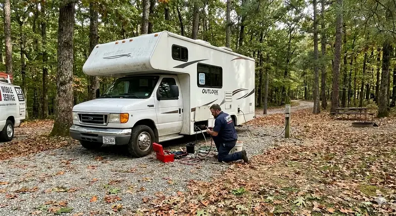 Mobile RV technician performing electrical diagnostics on a Winnebago Outlook motorhome at a wooded campground near Hendersonville, Tennessee