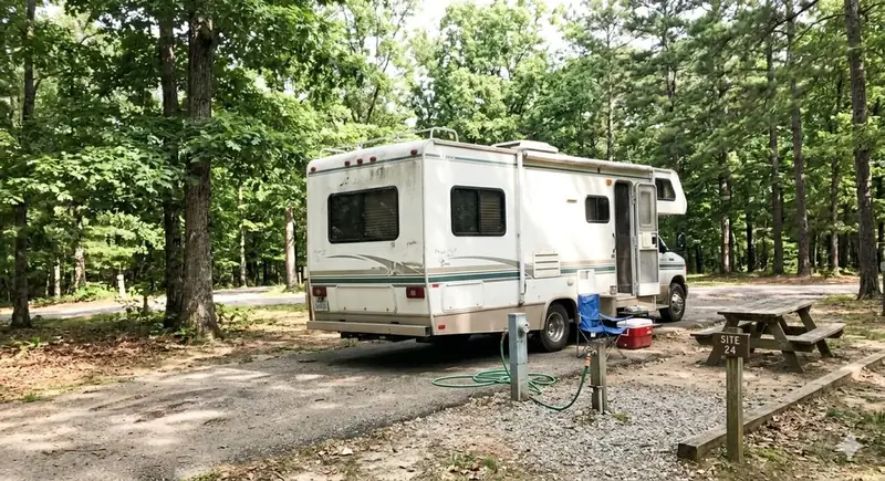 Class C motorhome parked at a shaded full-hookup campground site with picnic table near Lebanon, Tennessee