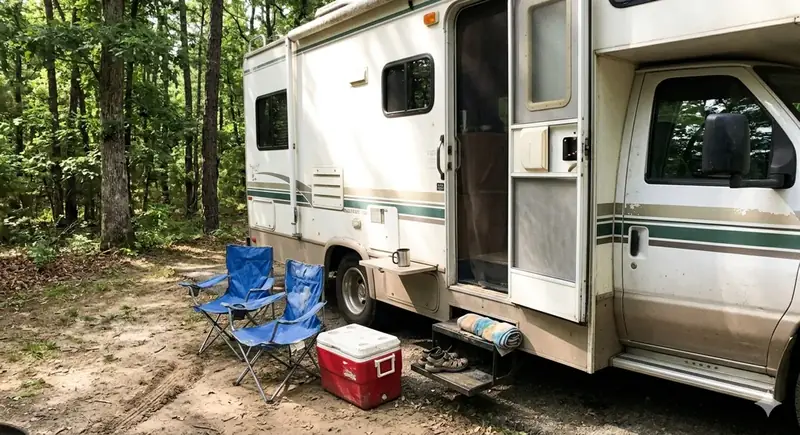 Class C motorhome with door open and camping chairs set up at a wooded campsite near Lebanon, TN