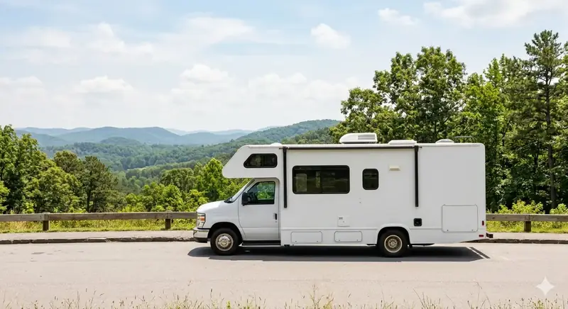 White Class C motorhome parked at a scenic mountain overlook near Murfreesboro, TN