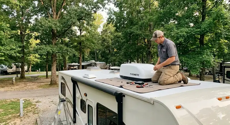 RV technician performing rooftop AC and Dometic unit repair at a campground near Murfreesboro, TN