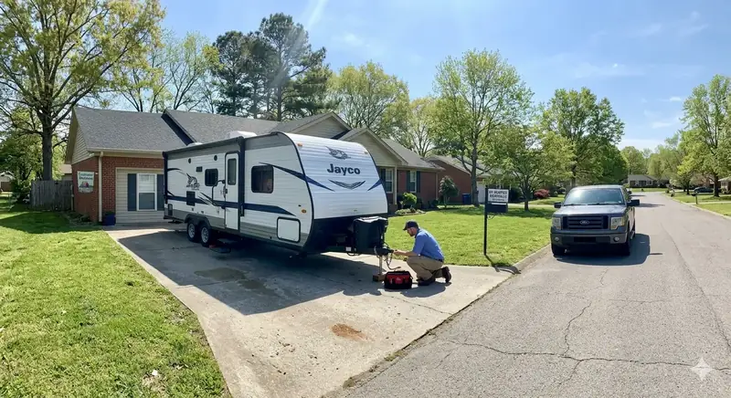 On-site RV mechanic in Nashville, TN repairing a travel trailer